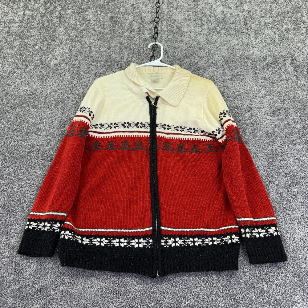 Studio Works Sweater Cardigan Womens Small Red Fair Isle Xmas Full Zip Collared